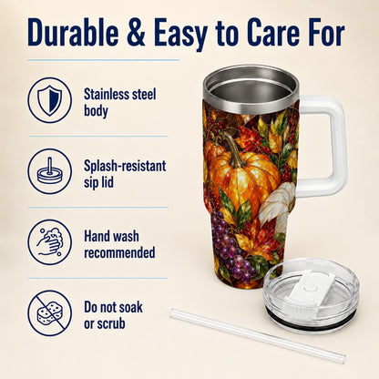 #pl[40oz|White] Stained Glass Pumpkin 40oz Tumbler with Handle, Stainless Steel Travel Cup