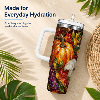 #pl[40oz|White] Stained Glass Pumpkin 40oz Tumbler with Handle, Stainless Steel Travel Cup