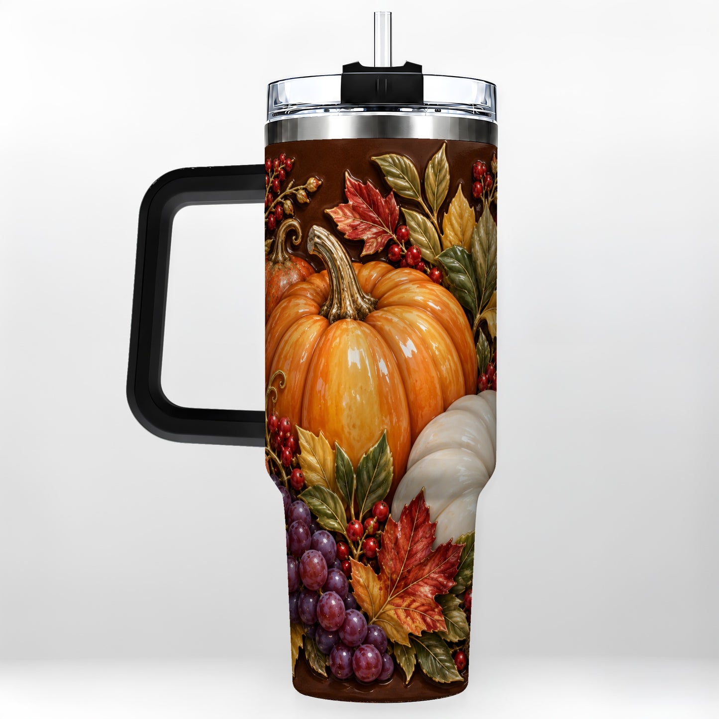 #pl[40oz|Black] Ornate Pumpkin 40oz Tumbler with Handle, Stainless Steel Travel Cup
