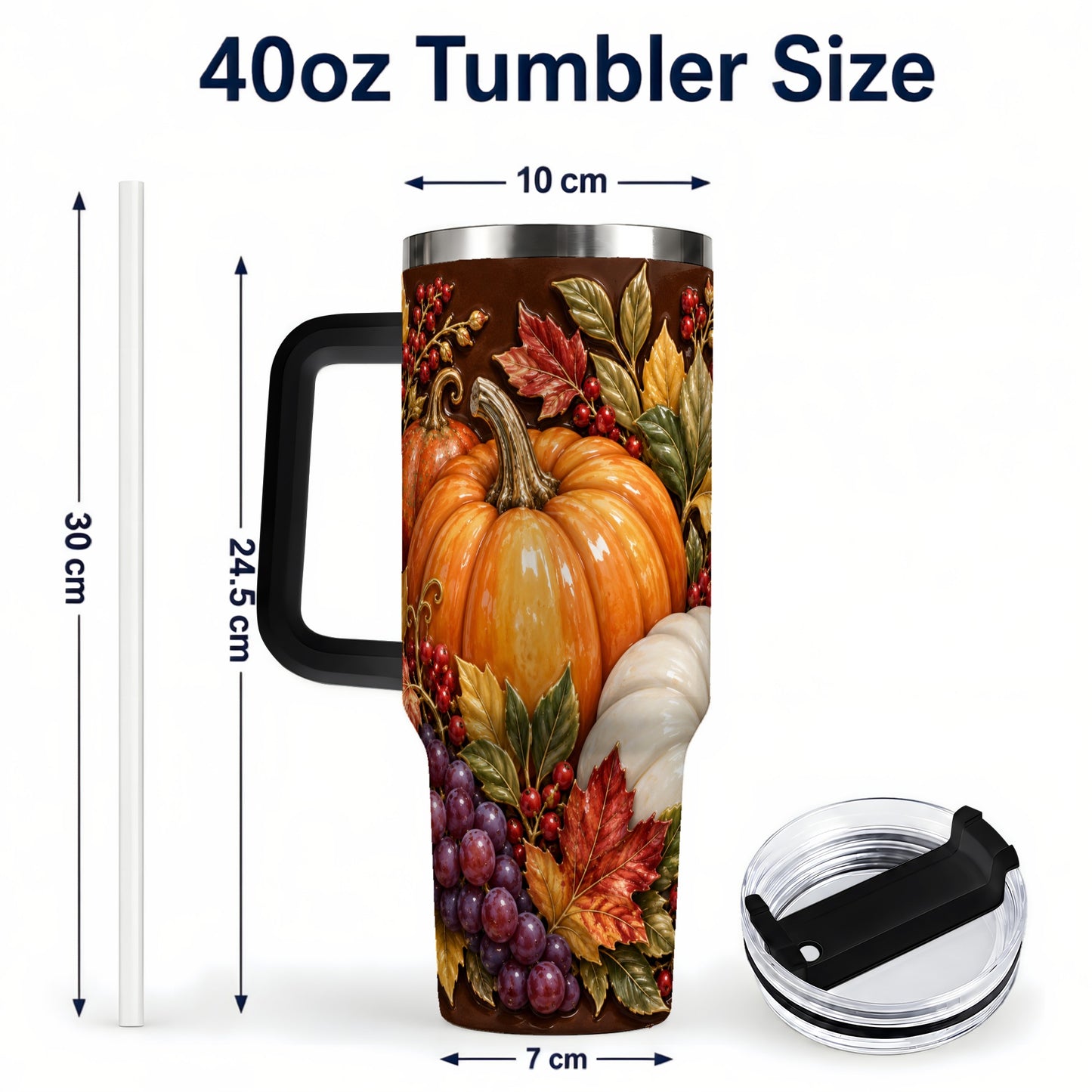 #pl[40oz|Black] Ornate Pumpkin 40oz Tumbler with Handle, Stainless Steel Travel Cup