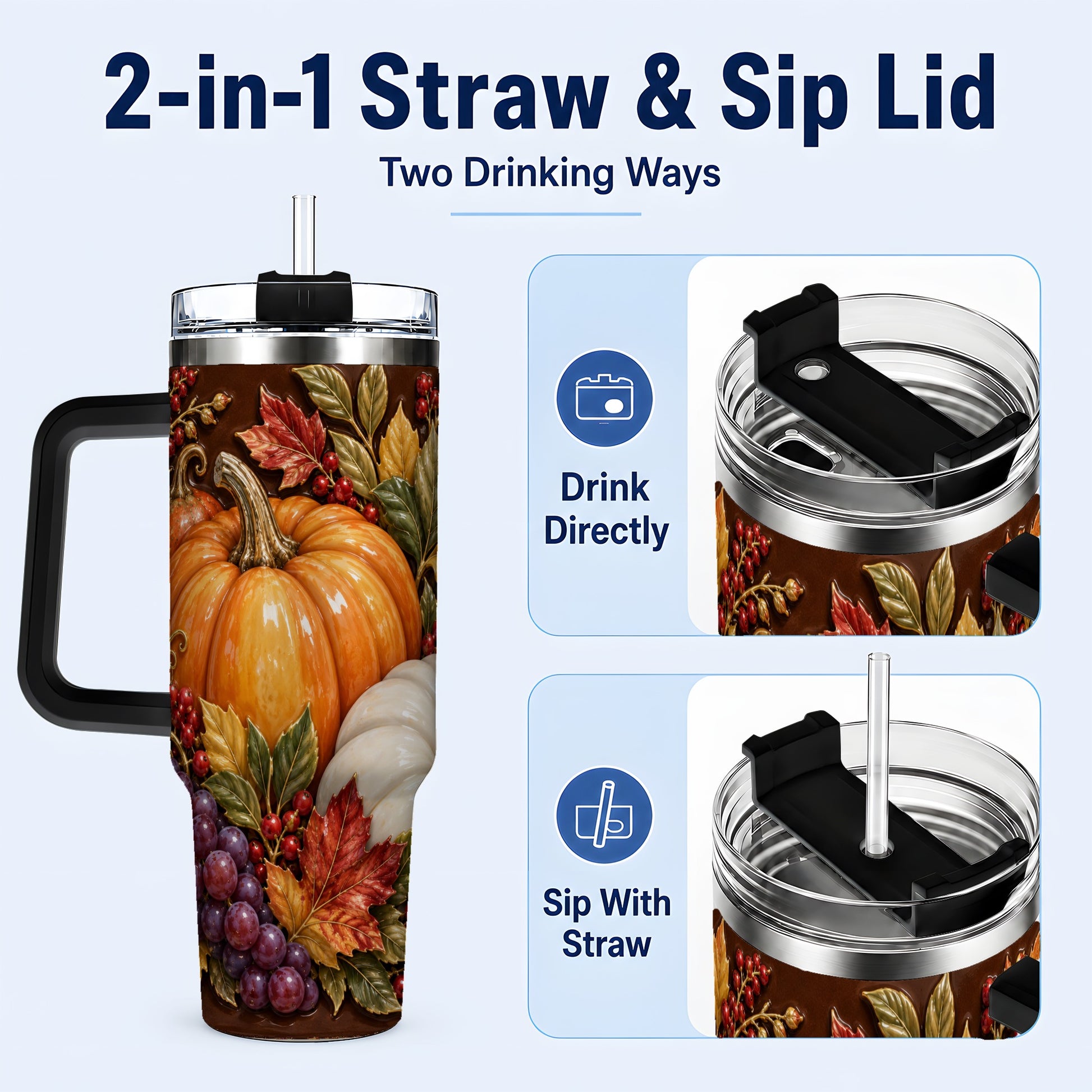 #pl[40oz|Black] Ornate Pumpkin 40oz Tumbler with Handle, Stainless Steel Travel Cup