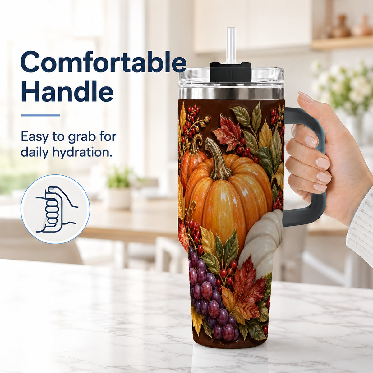 #pl[40oz|Black] Ornate Pumpkin 40oz Tumbler with Handle, Stainless Steel Travel Cup