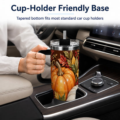 #pl[40oz|Black] Ornate Pumpkin 40oz Tumbler with Handle, Stainless Steel Travel Cup