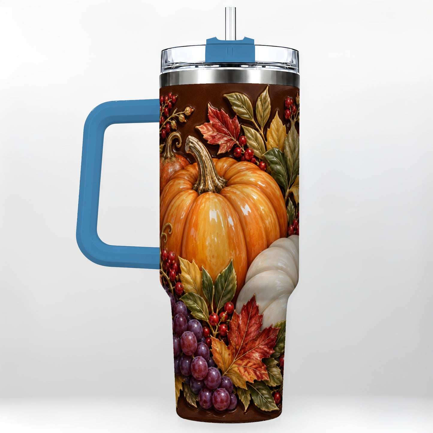 #pl[40oz|Blue] Ornate Pumpkin 40oz Tumbler with Handle, Stainless Steel Travel Cup