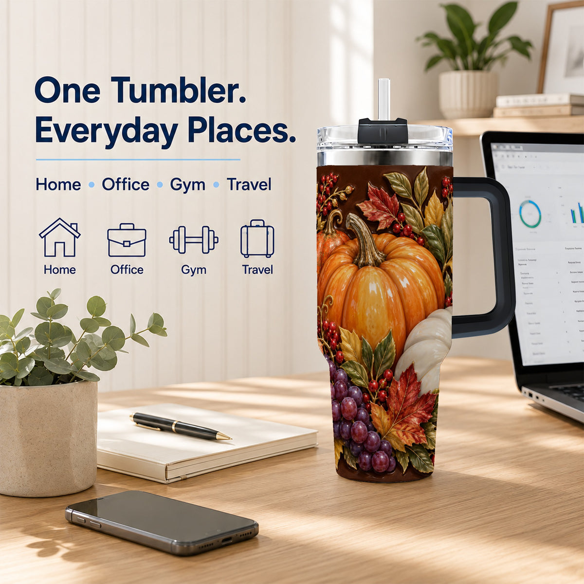 #pl[40oz|Black] Ornate Pumpkin 40oz Tumbler with Handle, Stainless Steel Travel Cup
