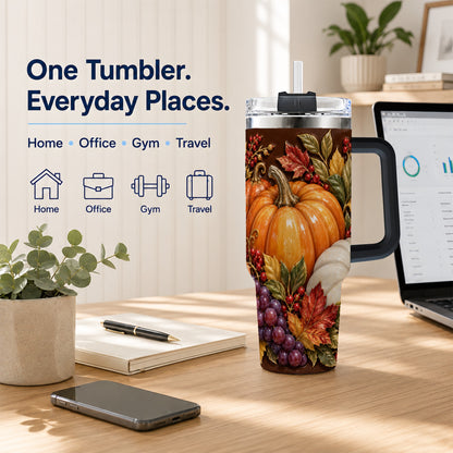 #pl[40oz|Black] Ornate Pumpkin 40oz Tumbler with Handle, Stainless Steel Travel Cup