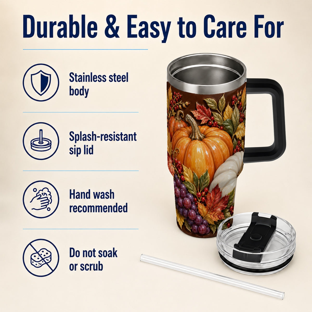 #pl[40oz|Black] Ornate Pumpkin 40oz Tumbler with Handle, Stainless Steel Travel Cup