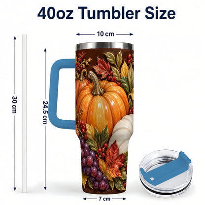 #pl[40oz|Blue] Ornate Pumpkin 40oz Tumbler with Handle, Stainless Steel Travel Cup