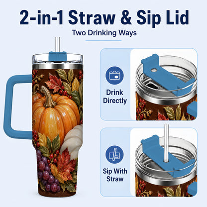 #pl[40oz|Blue] Ornate Pumpkin 40oz Tumbler with Handle, Stainless Steel Travel Cup