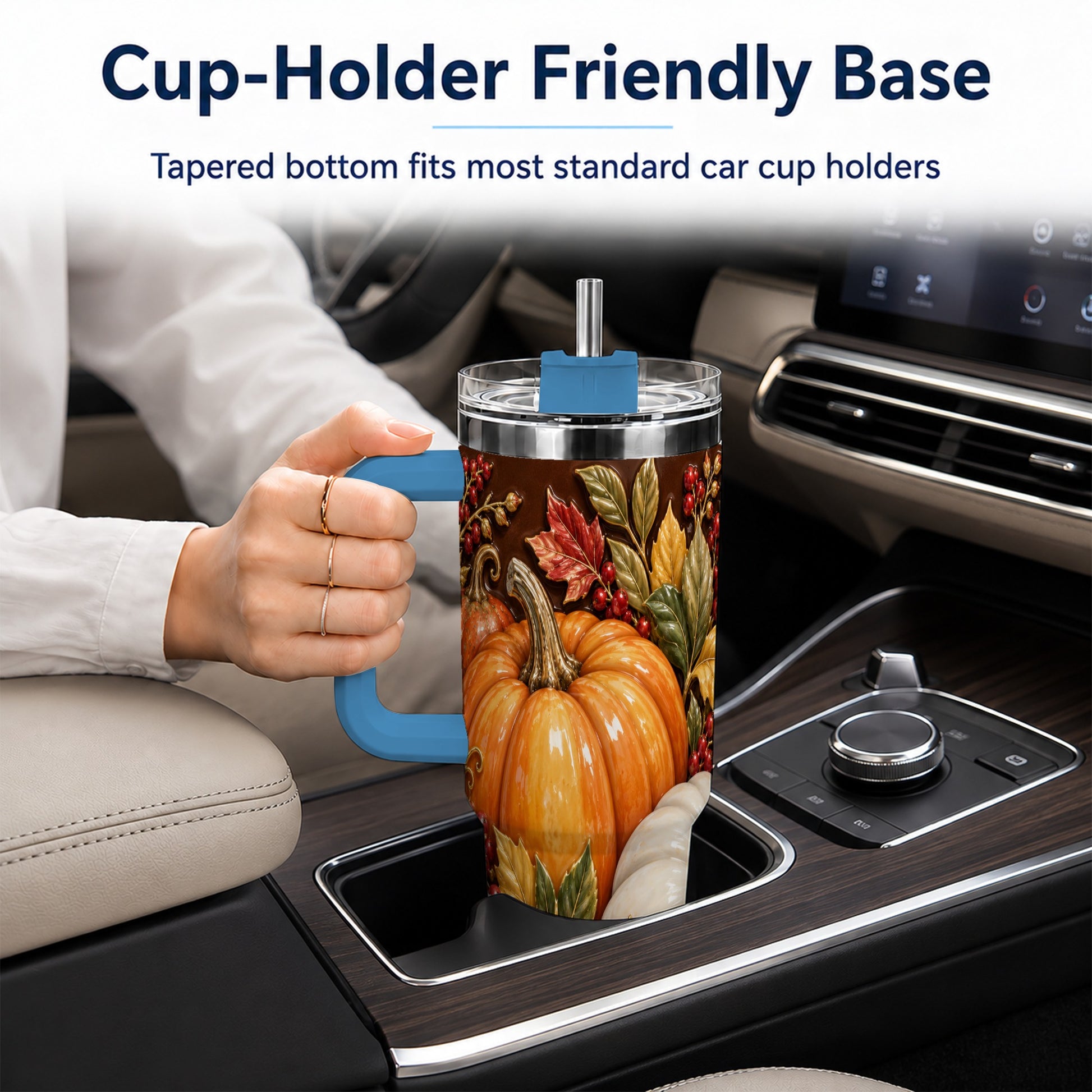#pl[40oz|Blue] Ornate Pumpkin 40oz Tumbler with Handle, Stainless Steel Travel Cup