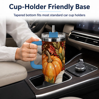 #pl[40oz|Blue] Ornate Pumpkin 40oz Tumbler with Handle, Stainless Steel Travel Cup