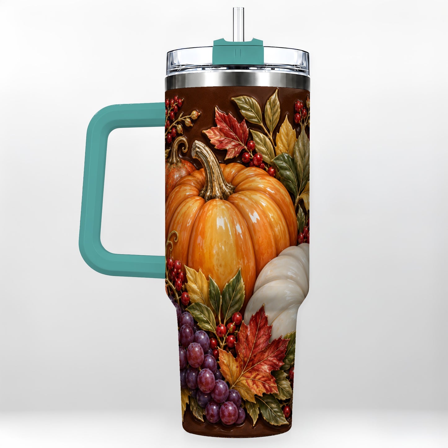 #pl[40oz|Green] Ornate Pumpkin 40oz Tumbler with Handle, Stainless Steel Travel Cup