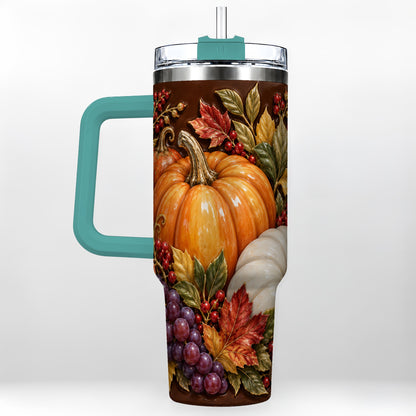 #pl[40oz|Green] Ornate Pumpkin 40oz Tumbler with Handle, Stainless Steel Travel Cup