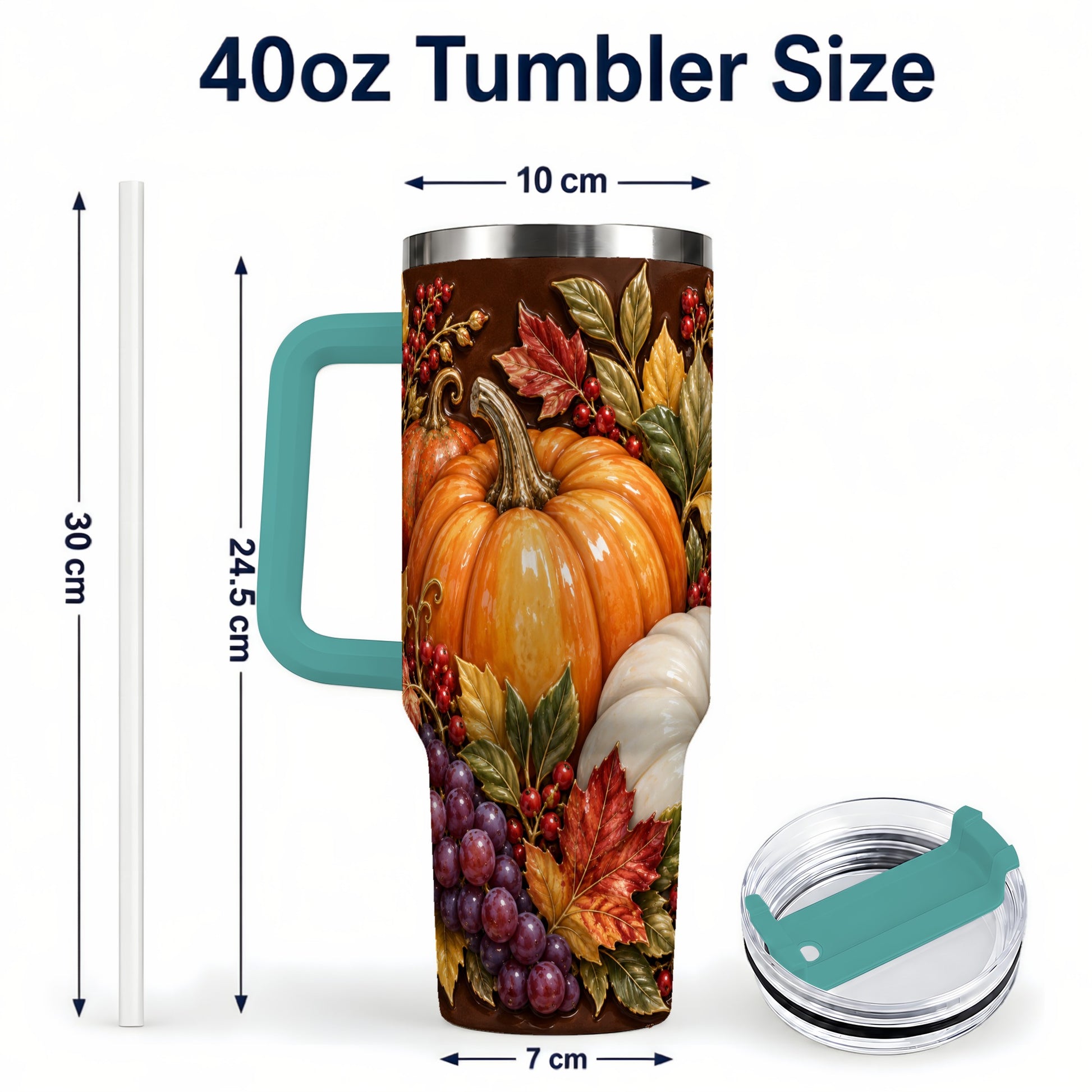 #pl[40oz|Green] Ornate Pumpkin 40oz Tumbler with Handle, Stainless Steel Travel Cup