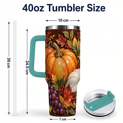 #pl[40oz|Green] Ornate Pumpkin 40oz Tumbler with Handle, Stainless Steel Travel Cup