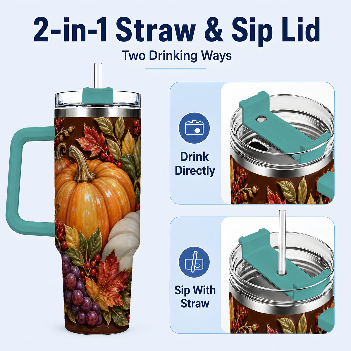 #pl[40oz|Green] Ornate Pumpkin 40oz Tumbler with Handle, Stainless Steel Travel Cup