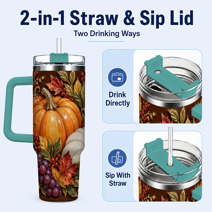 #pl[40oz|Green] Ornate Pumpkin 40oz Tumbler with Handle, Stainless Steel Travel Cup