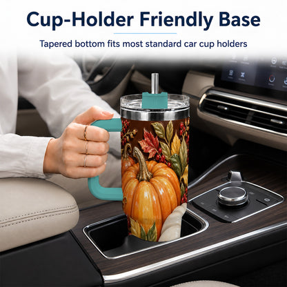 #pl[40oz|Green] Ornate Pumpkin 40oz Tumbler with Handle, Stainless Steel Travel Cup