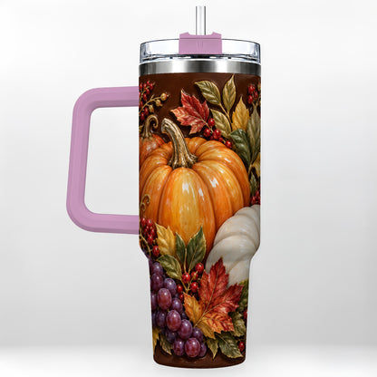 #pl[40oz|Pink] Ornate Pumpkin 40oz Tumbler with Handle, Stainless Steel Travel Cup