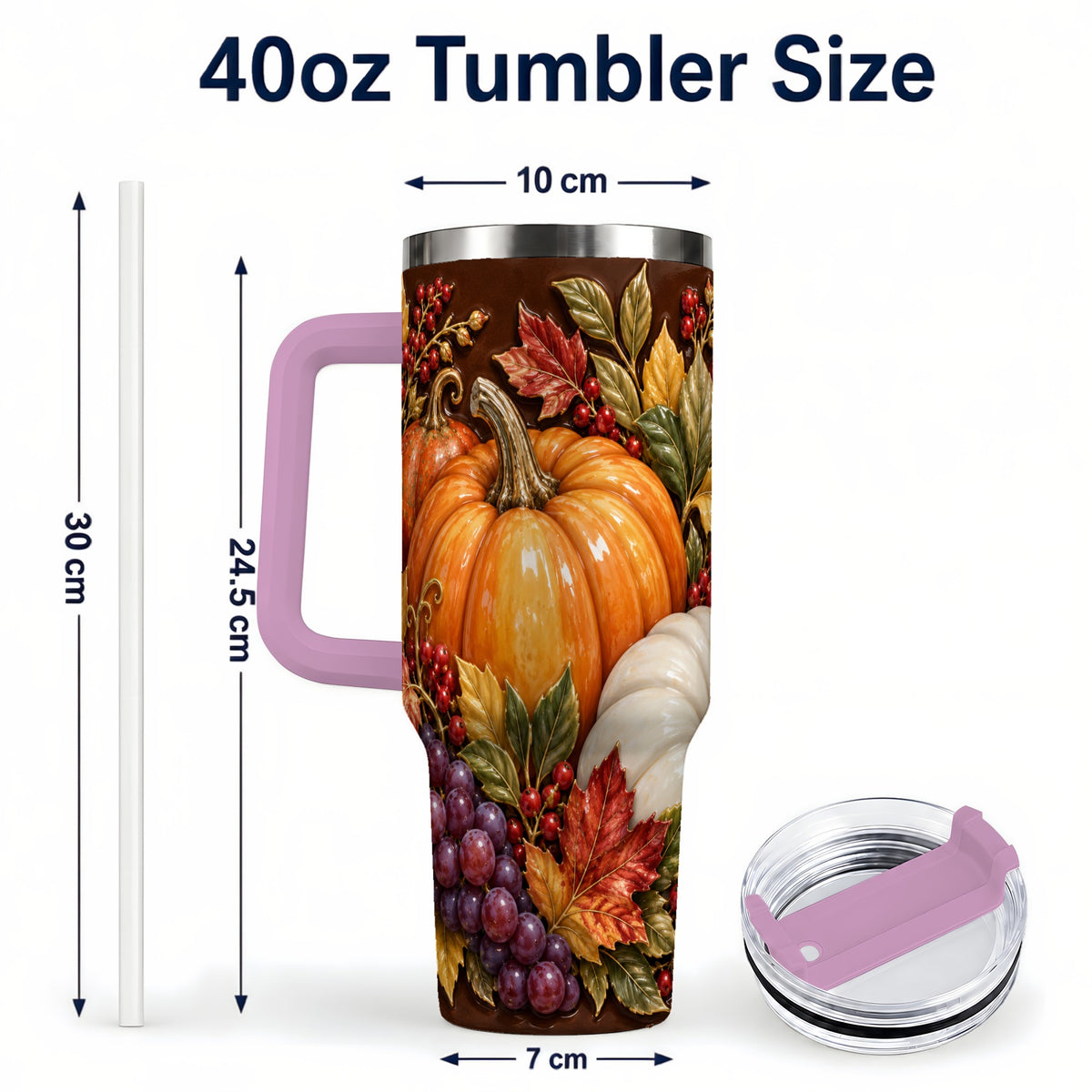 #pl[40oz|Pink] Ornate Pumpkin 40oz Tumbler with Handle, Stainless Steel Travel Cup