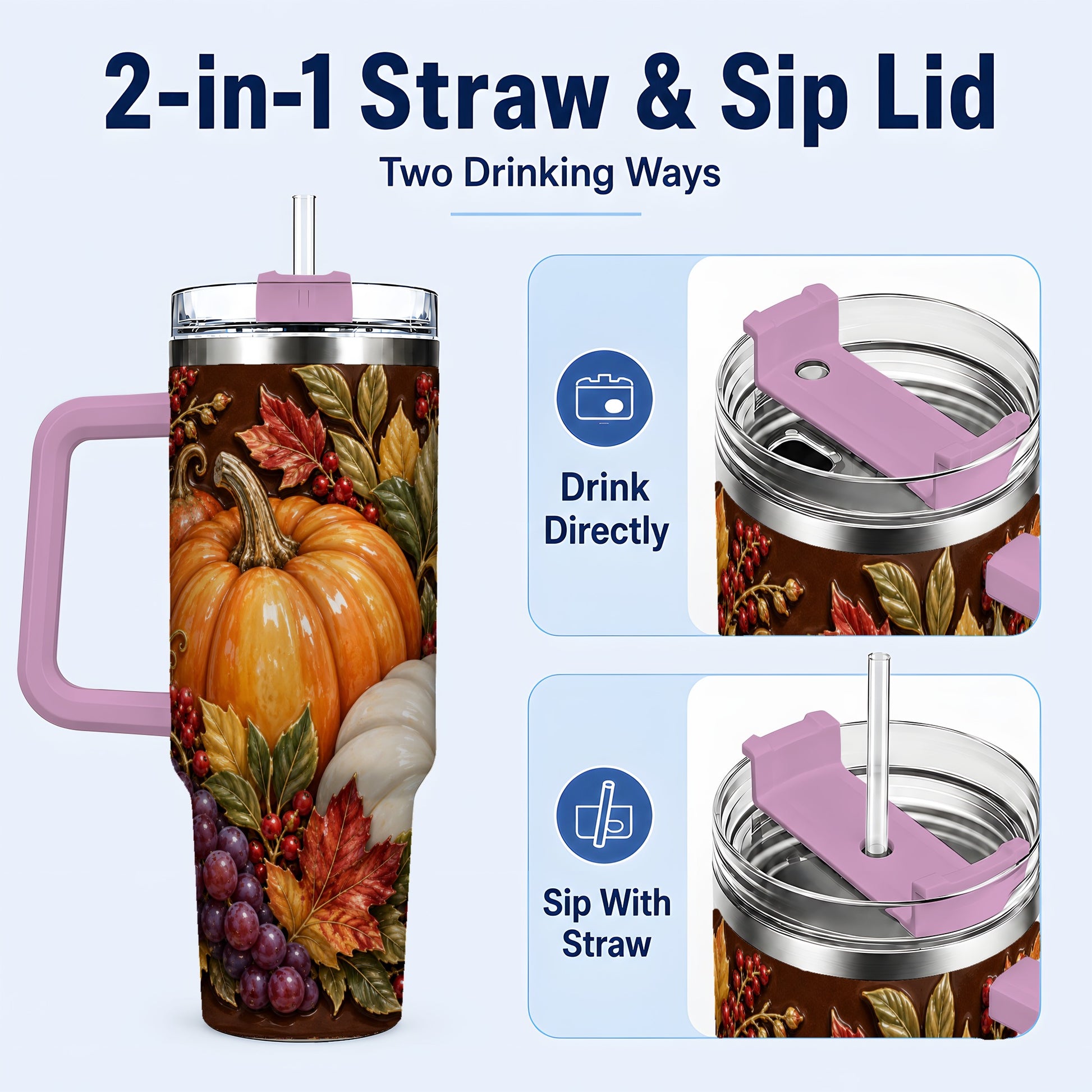 #pl[40oz|Pink] Ornate Pumpkin 40oz Tumbler with Handle, Stainless Steel Travel Cup