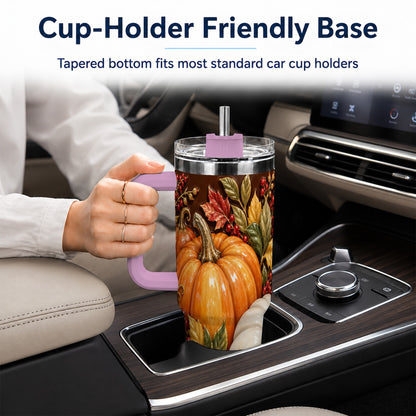 #pl[40oz|Pink] Ornate Pumpkin 40oz Tumbler with Handle, Stainless Steel Travel Cup