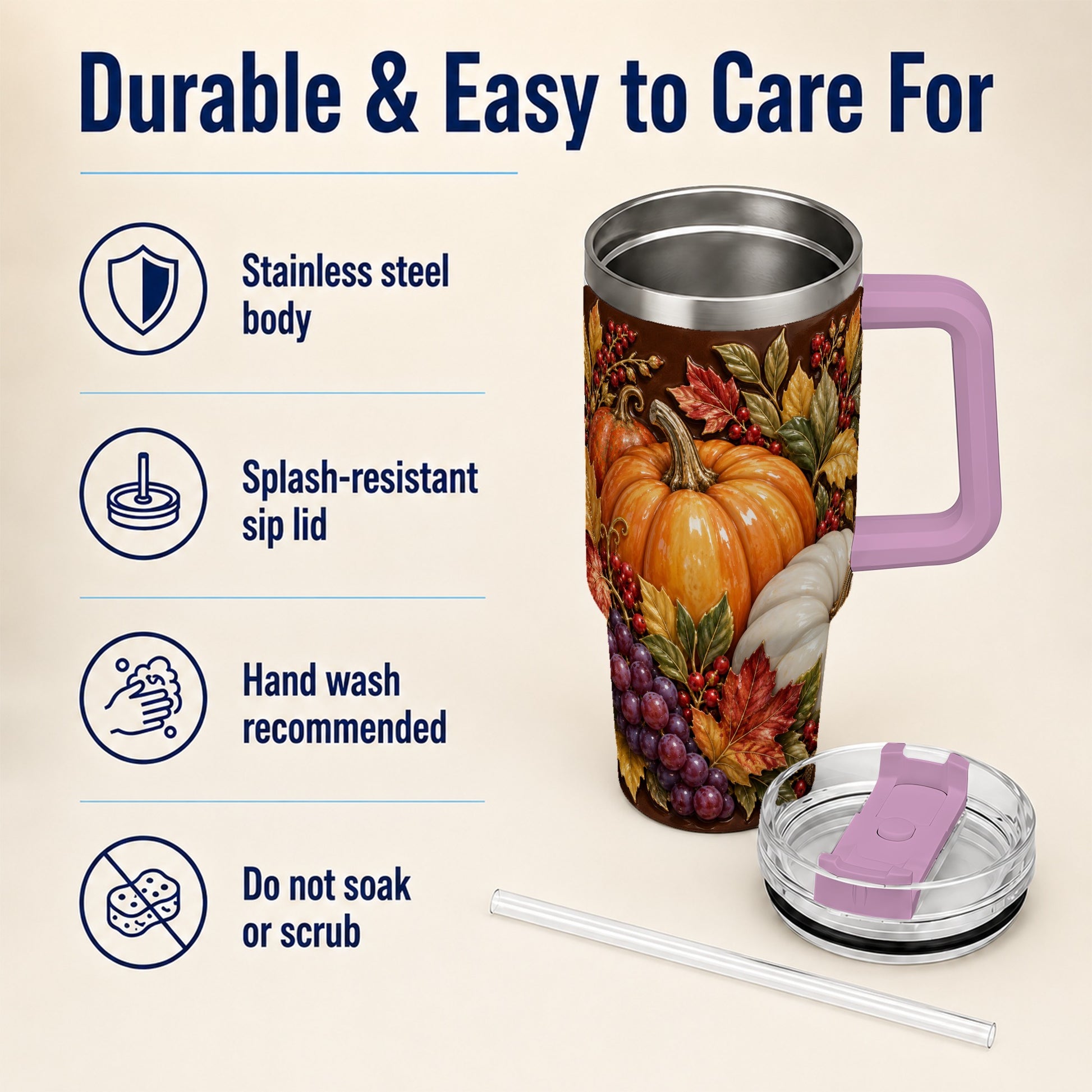#pl[40oz|Pink] Ornate Pumpkin 40oz Tumbler with Handle, Stainless Steel Travel Cup