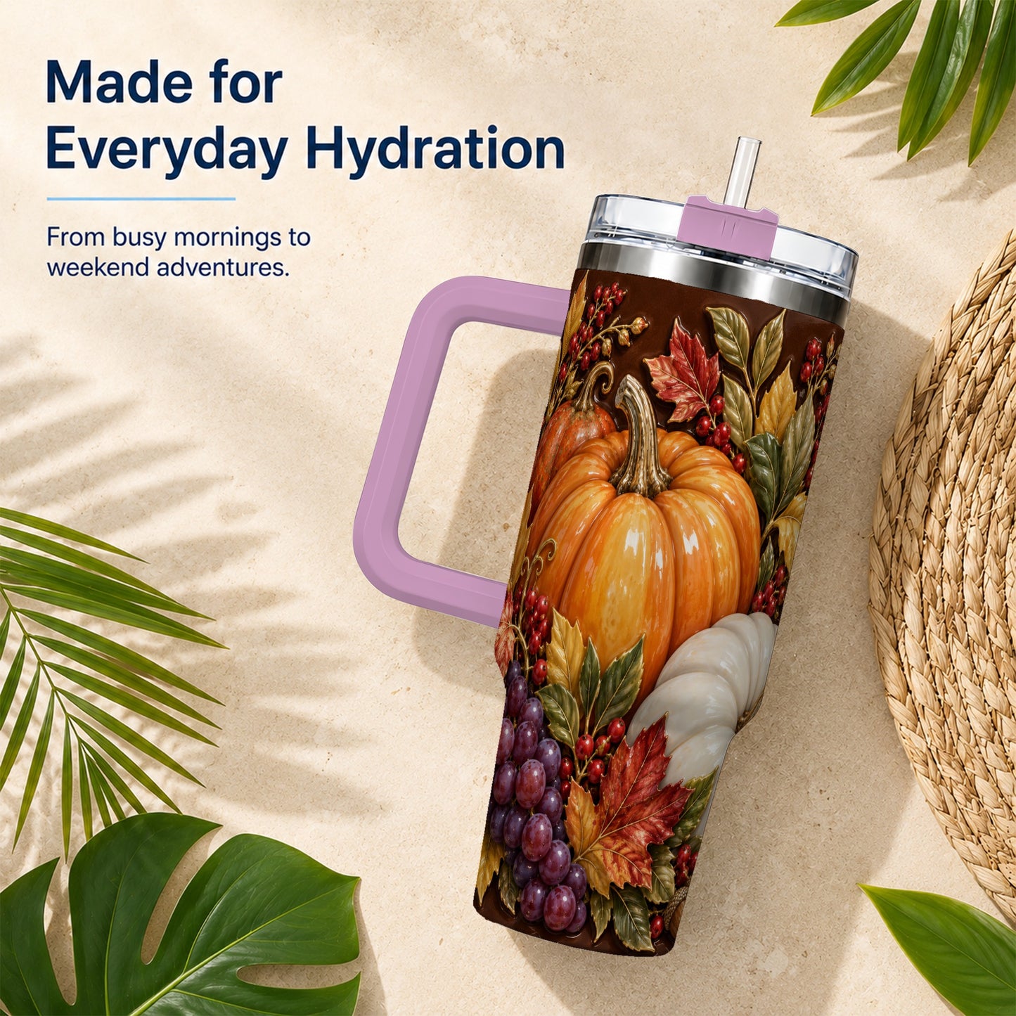 #pl[40oz|Pink] Ornate Pumpkin 40oz Tumbler with Handle, Stainless Steel Travel Cup