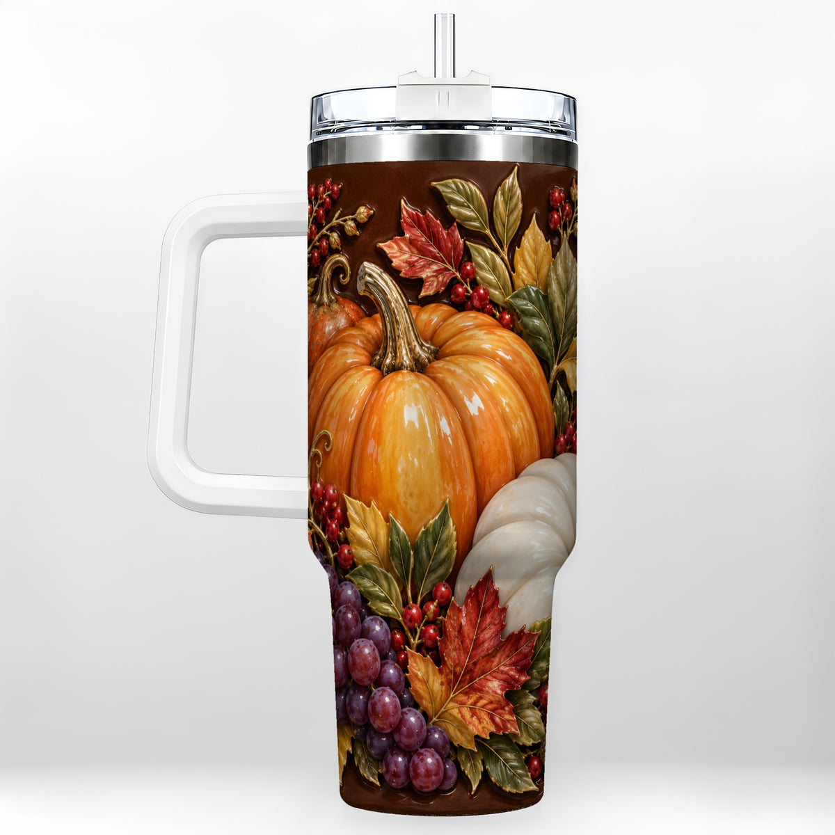 Ornate Pumpkin 40oz Tumbler with Handle, Stainless Steel Travel Cup