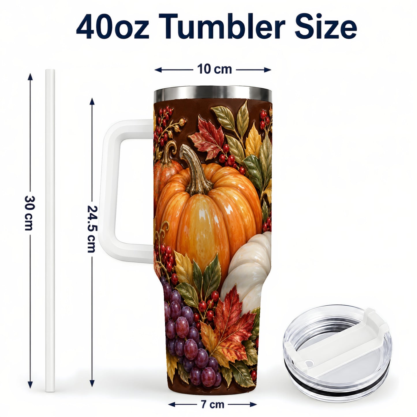 #pl[40oz|White] Ornate Pumpkin 40oz Tumbler with Handle, Stainless Steel Travel Cup