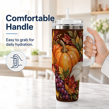 #pl[40oz|White] Ornate Pumpkin 40oz Tumbler with Handle, Stainless Steel Travel Cup