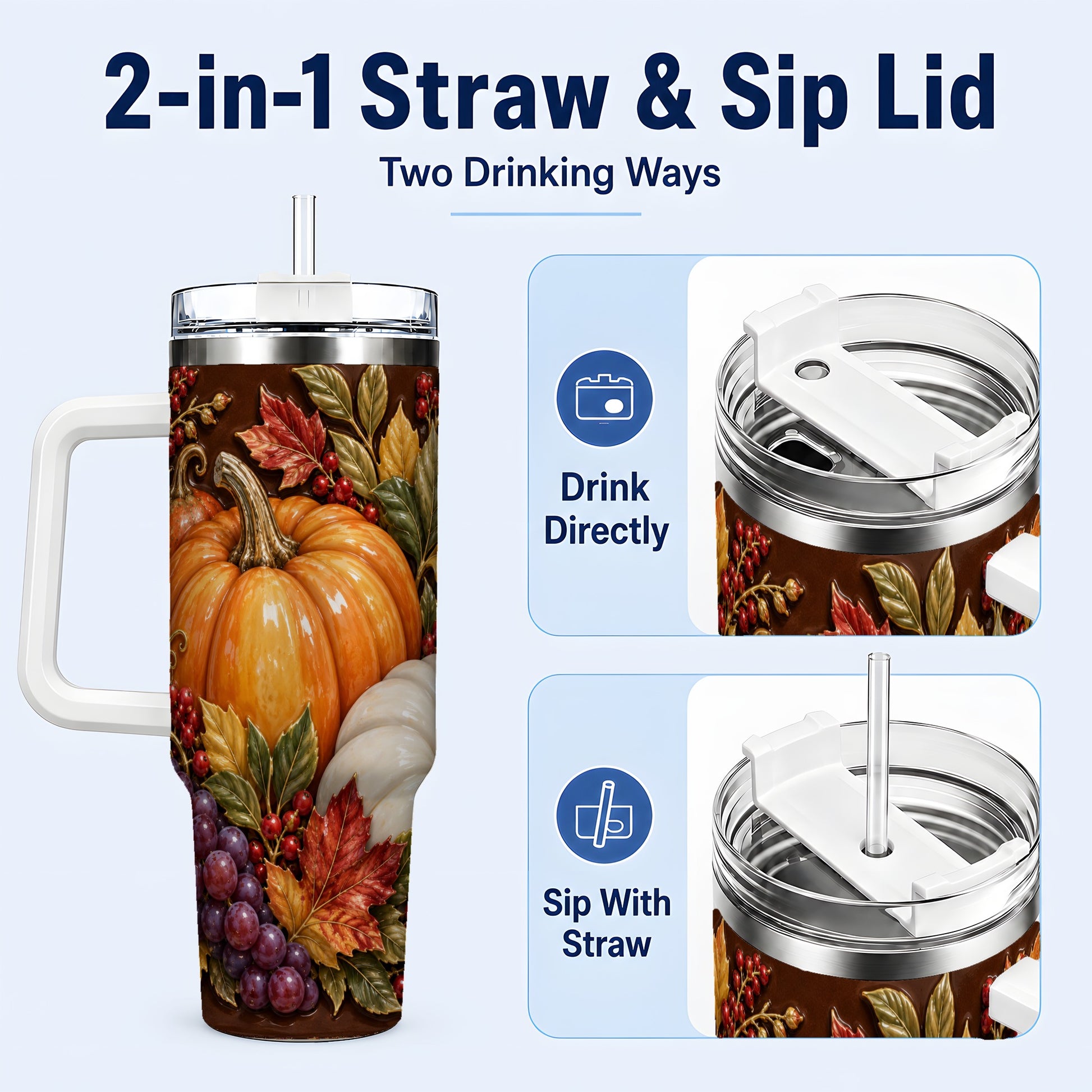 #pl[40oz|White] Ornate Pumpkin 40oz Tumbler with Handle, Stainless Steel Travel Cup