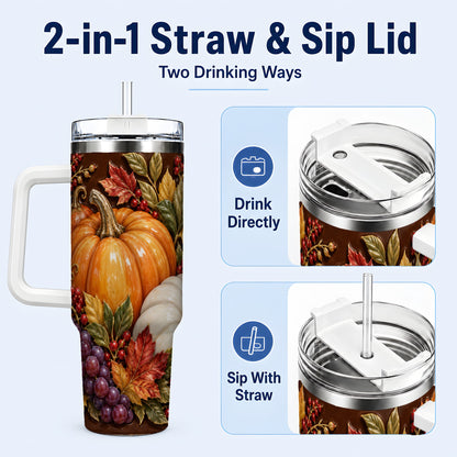 #pl[40oz|White] Ornate Pumpkin 40oz Tumbler with Handle, Stainless Steel Travel Cup