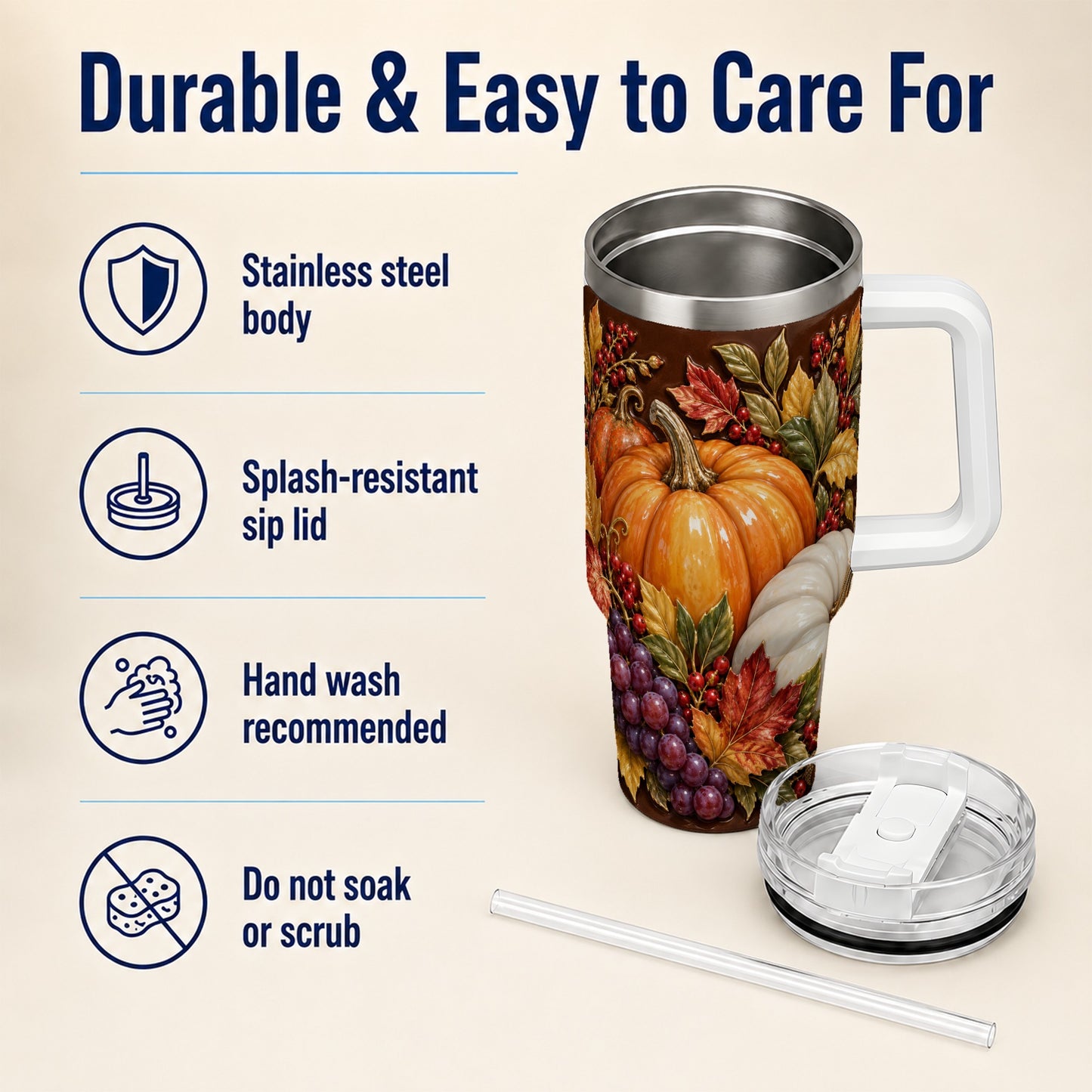 #pl[40oz|White] Ornate Pumpkin 40oz Tumbler with Handle, Stainless Steel Travel Cup
