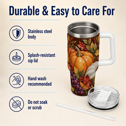 #pl[40oz|White] Ornate Pumpkin 40oz Tumbler with Handle, Stainless Steel Travel Cup