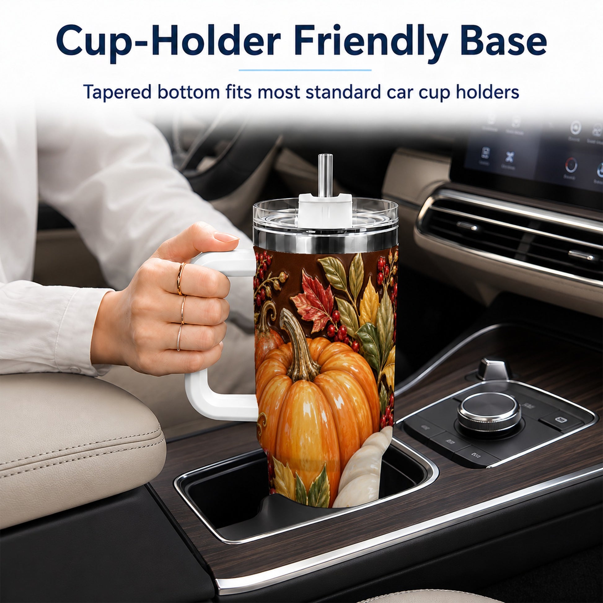 #pl[40oz|White] Ornate Pumpkin 40oz Tumbler with Handle, Stainless Steel Travel Cup