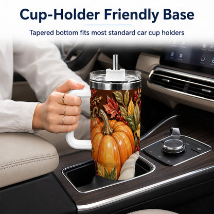 #pl[40oz|White] Ornate Pumpkin 40oz Tumbler with Handle, Stainless Steel Travel Cup
