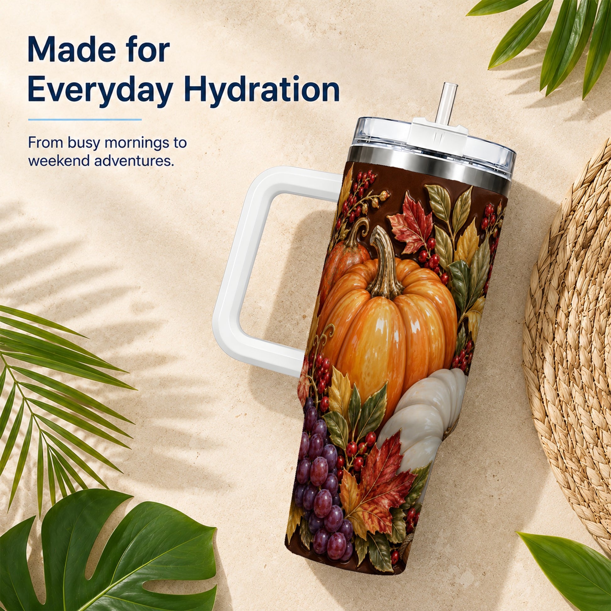 #pl[40oz|White] Ornate Pumpkin 40oz Tumbler with Handle, Stainless Steel Travel Cup