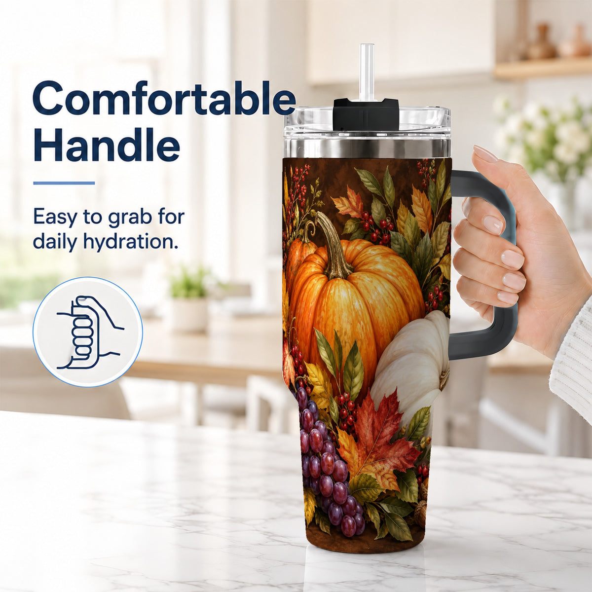 #pl[40oz|Black] Classic Pumpkin 40oz Tumbler with Handle, Stainless Steel Travel Cup