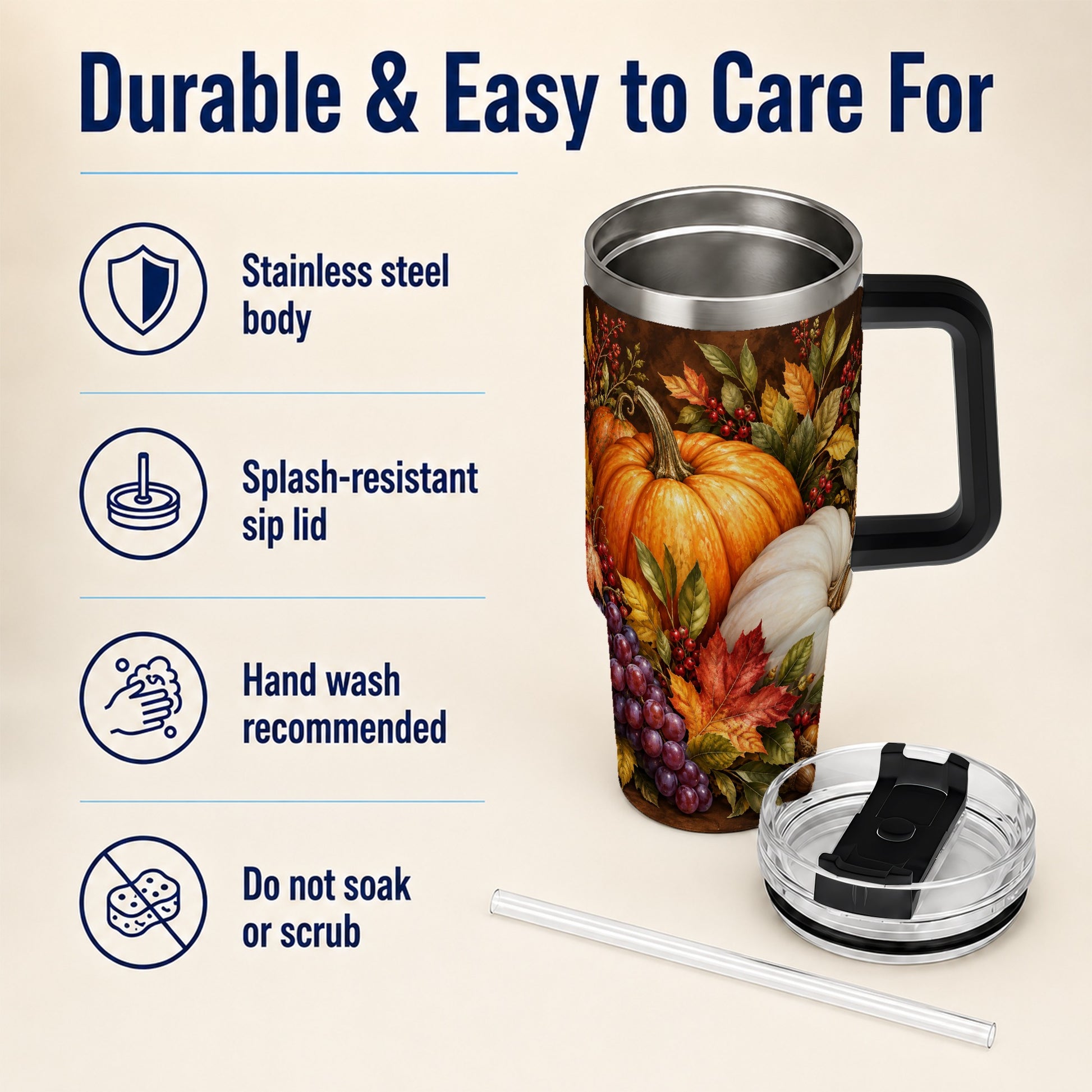 #pl[40oz|Black] Classic Pumpkin 40oz Tumbler with Handle, Stainless Steel Travel Cup