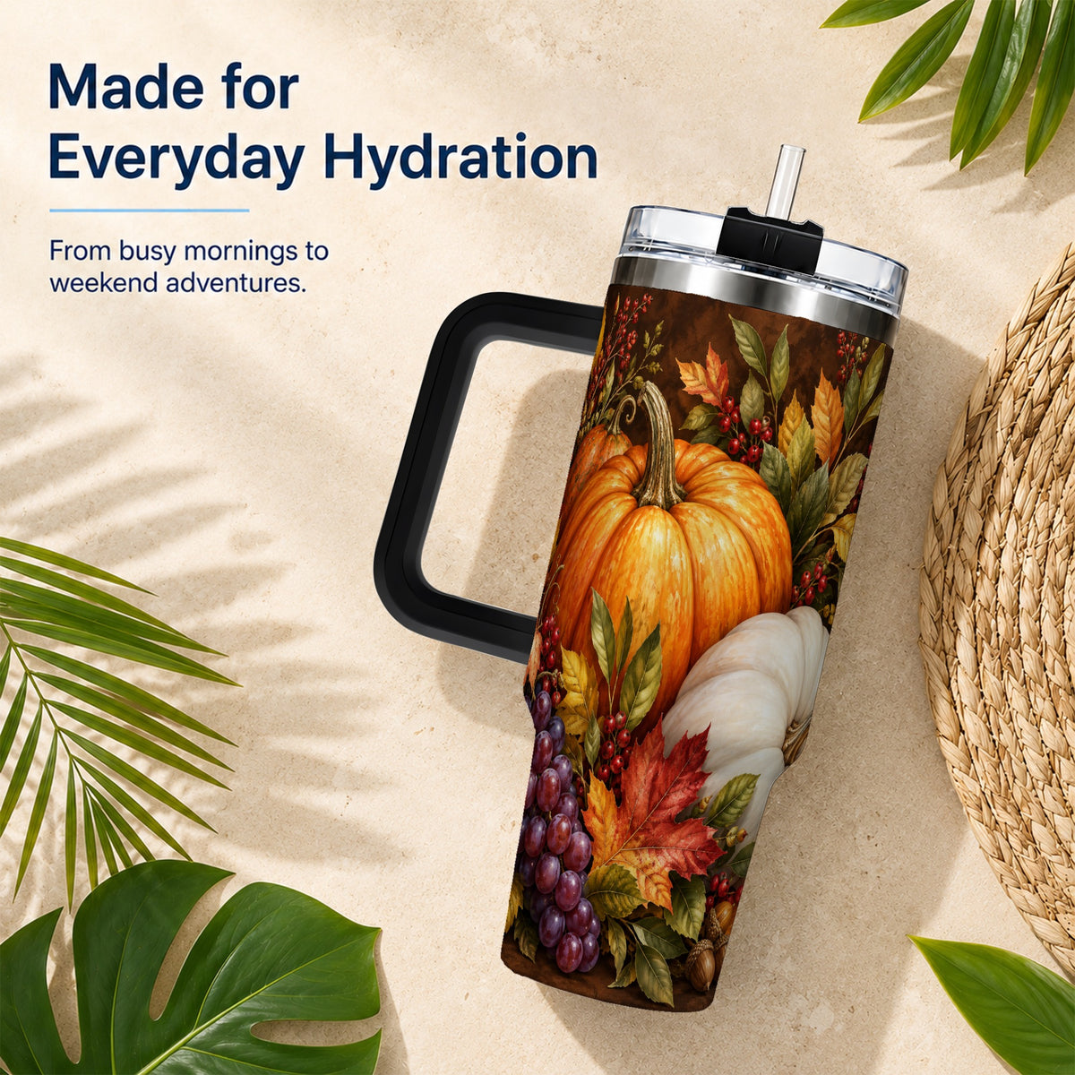 #pl[40oz|Black] Classic Pumpkin 40oz Tumbler with Handle, Stainless Steel Travel Cup