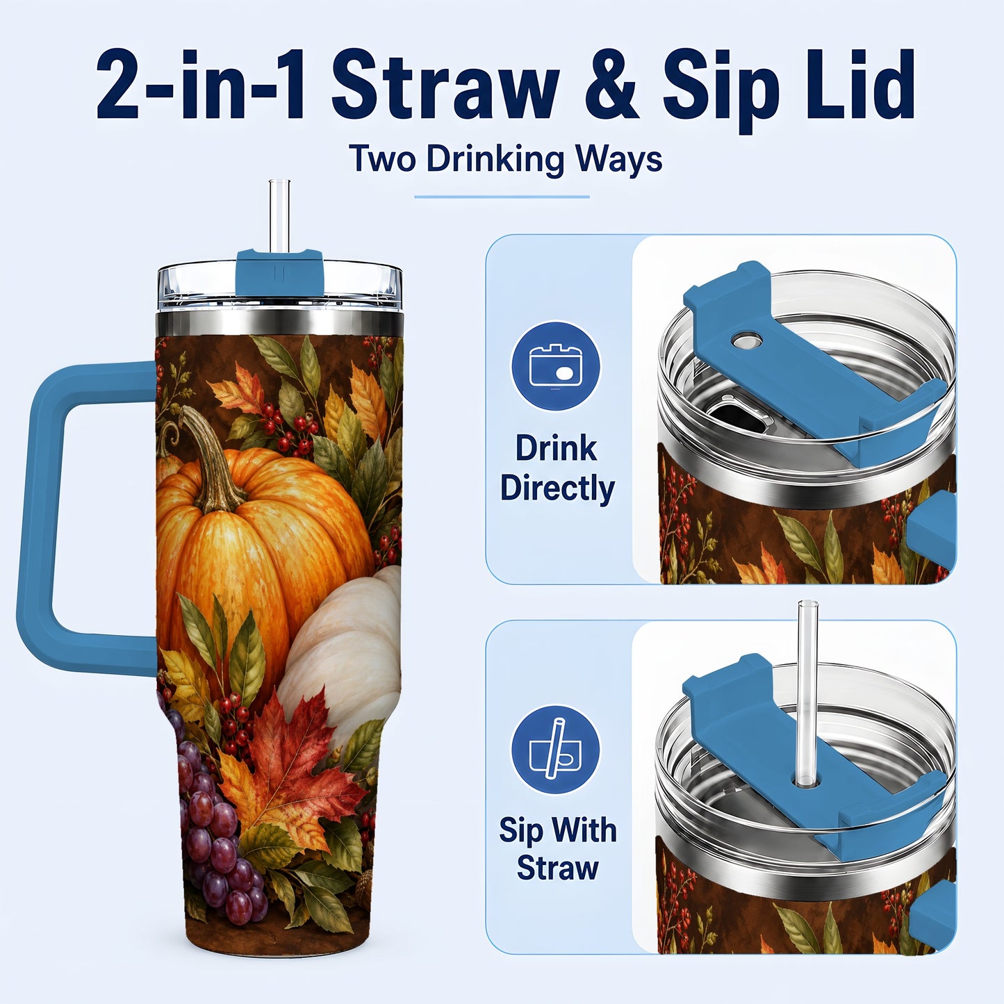 #pl[40oz|Blue] Classic Pumpkin 40oz Tumbler with Handle, Stainless Steel Travel Cup