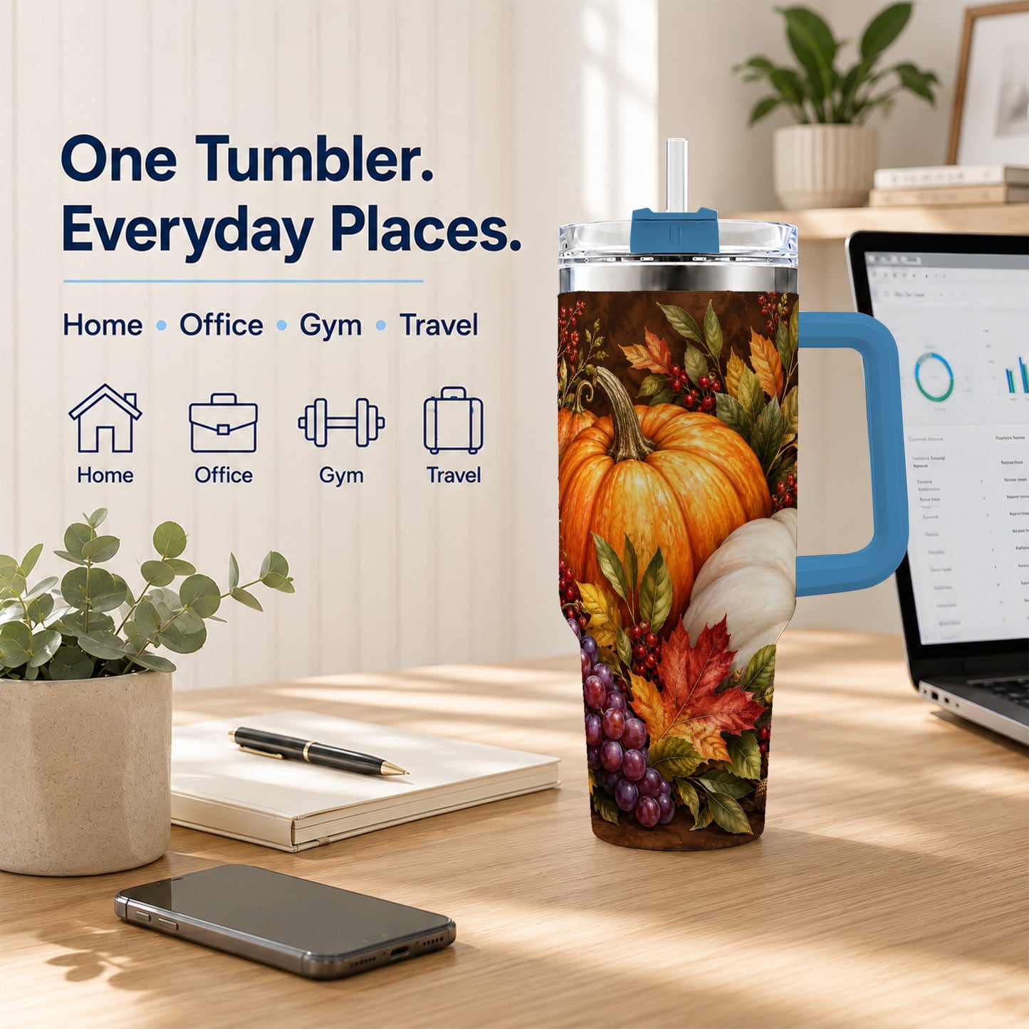 #pl[40oz|Blue] Classic Pumpkin 40oz Tumbler with Handle, Stainless Steel Travel Cup