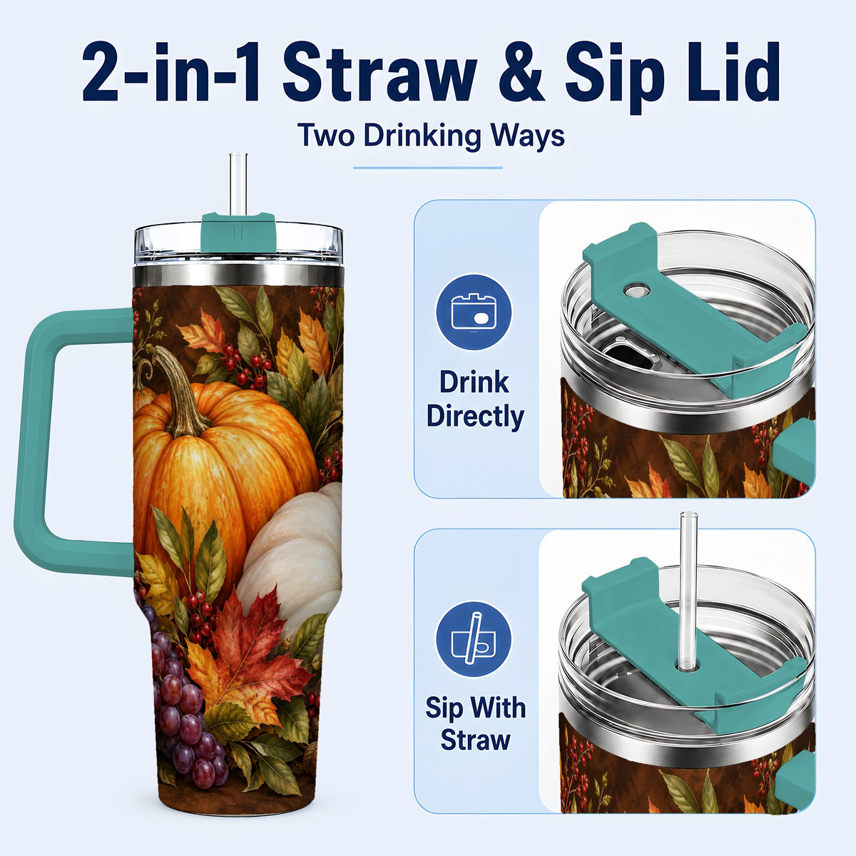 #pl[40oz|Green] Classic Pumpkin 40oz Tumbler with Handle, Stainless Steel Travel Cup