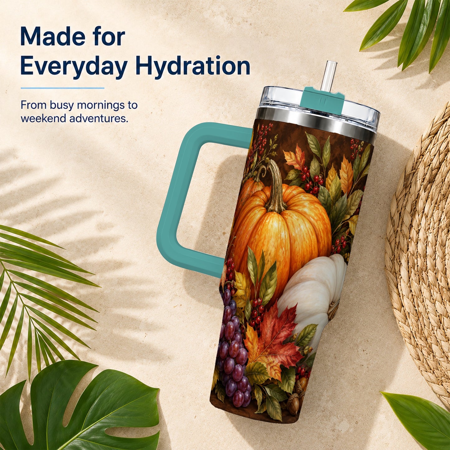 #pl[40oz|Green] Classic Pumpkin 40oz Tumbler with Handle, Stainless Steel Travel Cup