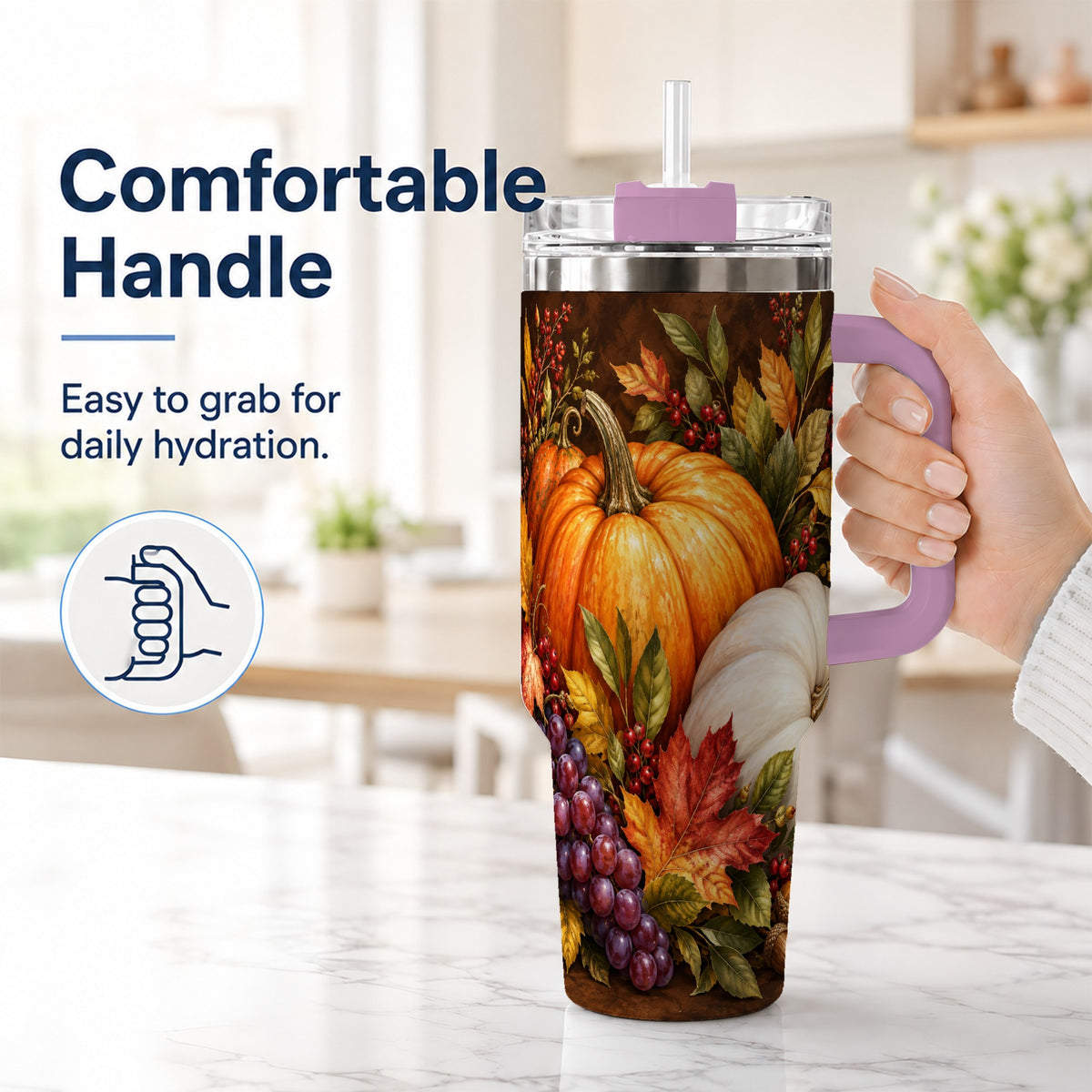#pl[40oz|Pink] Classic Pumpkin 40oz Tumbler with Handle, Stainless Steel Travel Cup