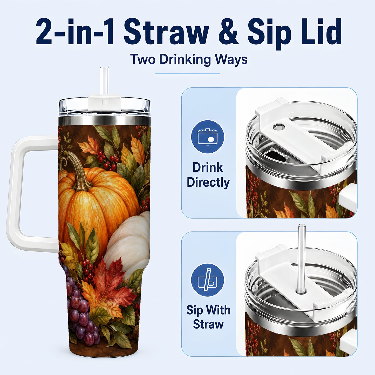 #pl[40oz|White] Classic Pumpkin 40oz Tumbler with Handle, Stainless Steel Travel Cup