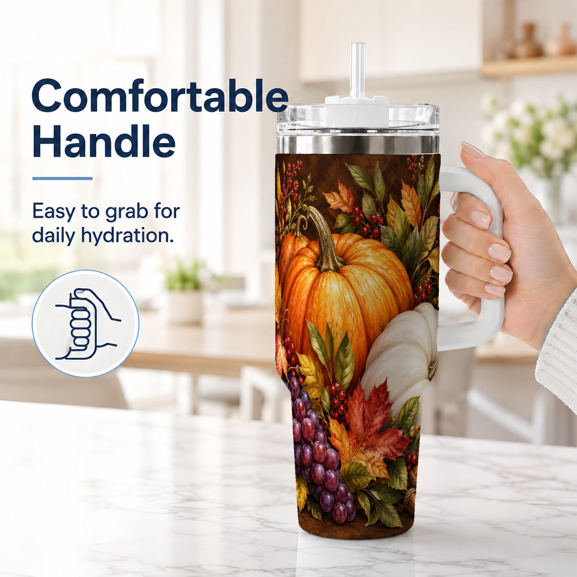 #pl[40oz|White] Classic Pumpkin 40oz Tumbler with Handle, Stainless Steel Travel Cup
