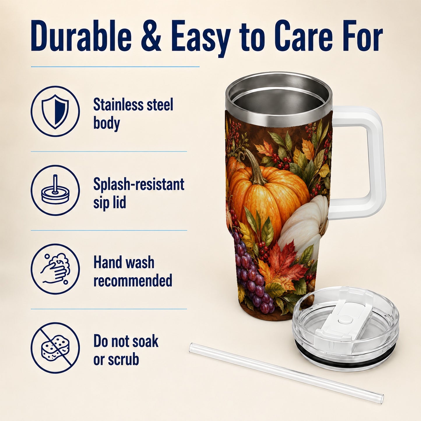 #pl[40oz|White] Classic Pumpkin 40oz Tumbler with Handle, Stainless Steel Travel Cup