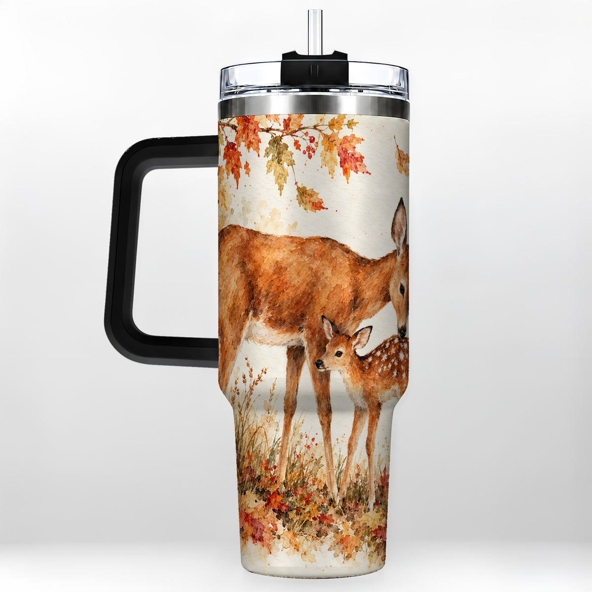 #pl[40oz|Black] Watercolor Deer 40oz Tumbler with Handle, Stainless Steel Travel Cup